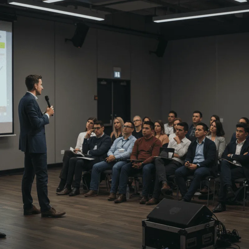 Pranešėjas rankoje laiko belaidį mikrofoną kalbėdamas auditorijai renginio metu