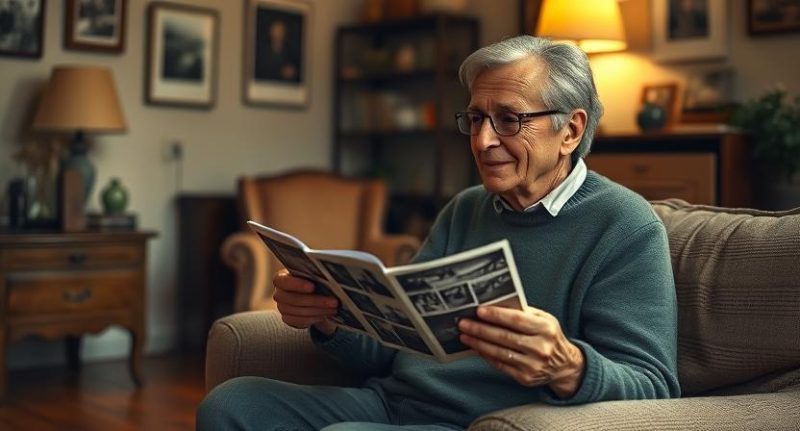 Asmuo žiūri į senas nuotraukas, išgyvendamas stiprias emocijas jaukioje, nostalgiškoje aplinkoje.